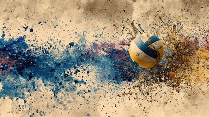 A dynamic image of a volleyball in mid-air, surrounded by colorful splashes of paint, creating an energetic and vibrant visual effect.