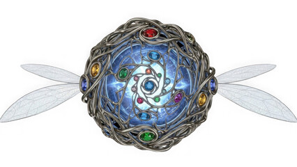 an ornate silver and blue egg shaped object adorned with colorful gems and delicate wings on transparent background