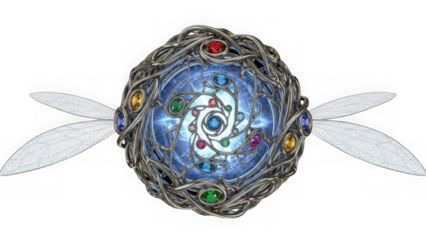 an ornate silver and blue egg shaped object adorned with colorful gems and delicate wings on transparent background