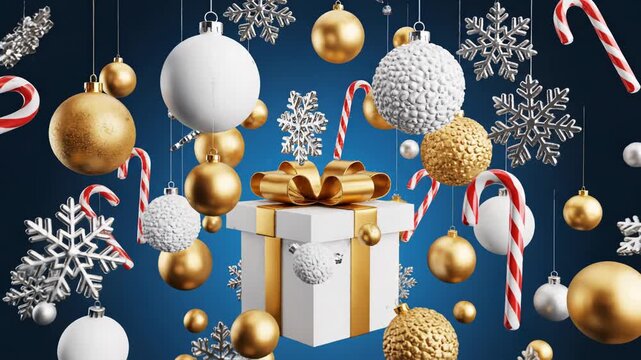 White gift box overflowing with gold, white and silver christmas ornaments and candy canes on blue background