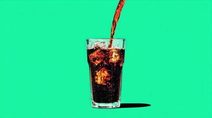 Glass of Dark Soda with Ice Cubes Being Filled on Bright Green Background