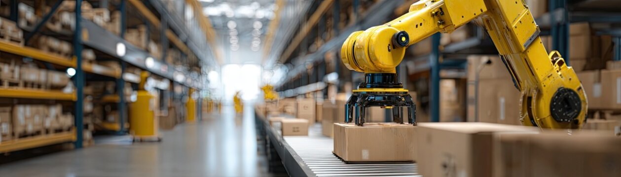 A modern warehouse featuring a robotic arm handling boxes, showcasing automation and efficiency in logistics and storage.
