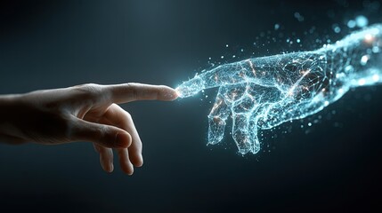 A digital representation of two hands reaching out, one human and one ethereal, symbolizing the connection between humanity and technology.
