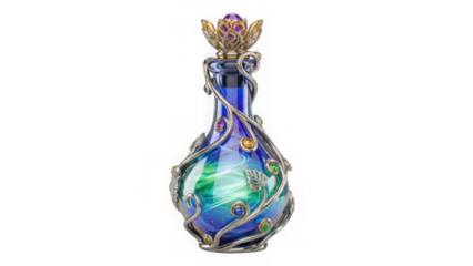 an ornate detailed blue glass bottle with a golden crown and silver vine detailing isolated on transparent background