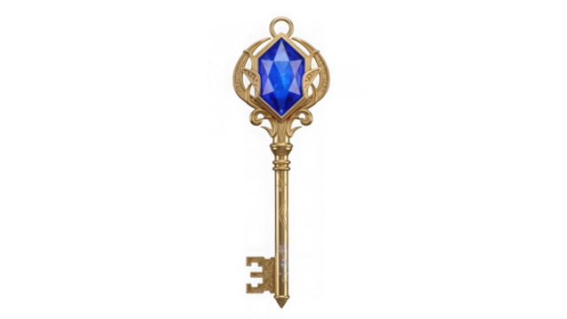 an ornate golden key featuring a vibrant blue diamond gem at the top ideal for fantasy designs on transparent background - Powered by Adobe