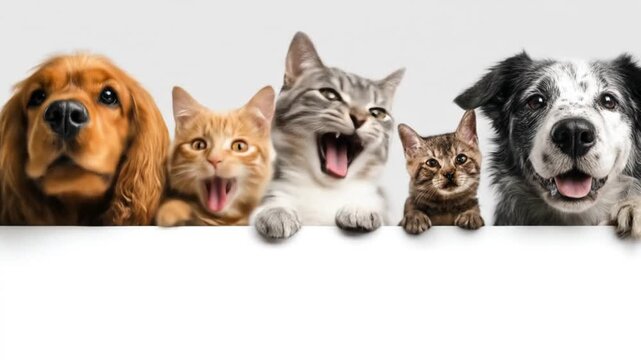 Five pets lean over a white barrier; two dogs frame three curious cats with soh calm expressions now