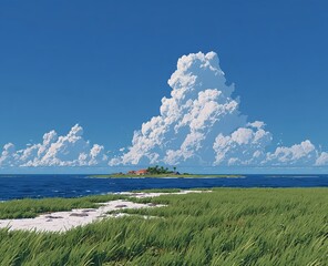 A tranquil animation landscape where vivid greens blend into deep blue skies