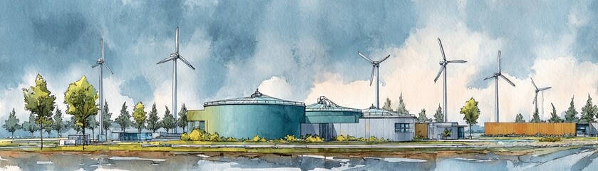 A watercolor illustration of a modern eco-friendly facility featuring wind turbines and greenery, showcasing sustainable design and renewable energy.