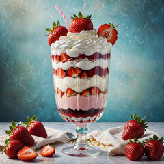 Strawberry layered dessert parfait in glass with fresh cream