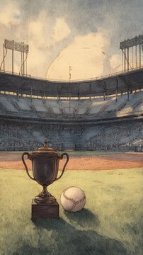 A baseball trophy stands in the foreground of an empty stadium, with a baseball nearby, evoking a sense of competition and anticipation.