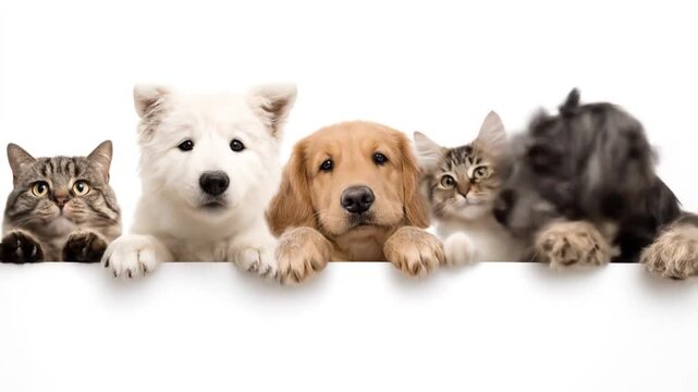 Five pets peek over a white ledge tabby cat, fluffy white dog, golden retriever puppy, tabby kitten