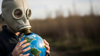 Person Wearing Gas Mask Holding Globe Outdoors