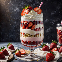 Gourmet strawberry parfait with chocolate and cream layers