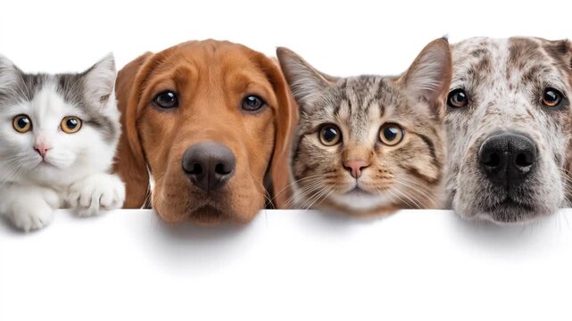 Four animal heads peek over a white edge cat, hound, tabby, and spotted dog gaze forward. up at us