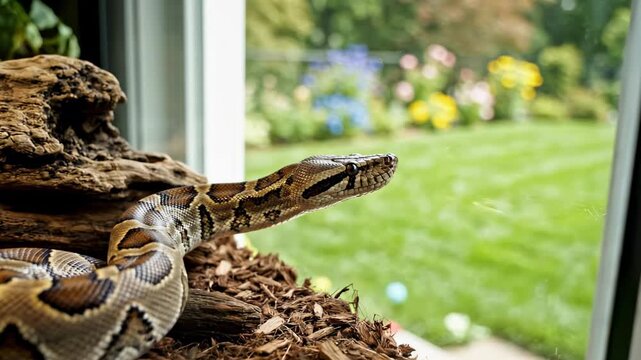 Captive ball python relaxes in terrarium, natural habitat, blurred garden backdrop