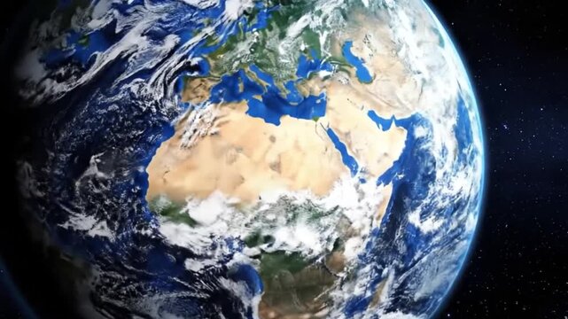 Earth Rotation with Slow Zoom In, Cinematic Planet Earth with Glowing City Lights, Realistic Curvature and Atmospheric Glow, Center Focus Camera Movement, Deep Black Space with Twinkling Stars, Sci Fi