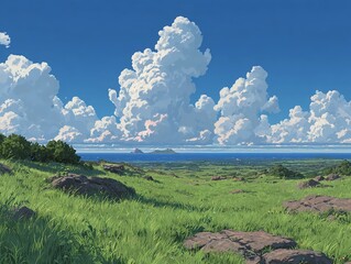 A peaceful animation style coastal field under monumental white clouds
