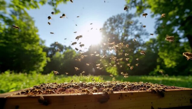 Busy bees swarming around a hive on a sunny day in a lush green garden
