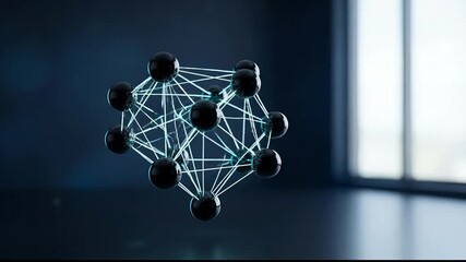Abstract Digital Network Structure with Glowing Lines and Dark Spheres - Powered by Adobe