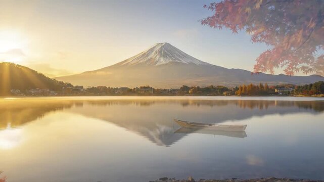 A breathtaking panoramic view captures a majestic, snow-capped mountain perfectly reflecting in the serene, placid waters of a large lake during the golden hour. Vibrant autumn foliage, displaying ric