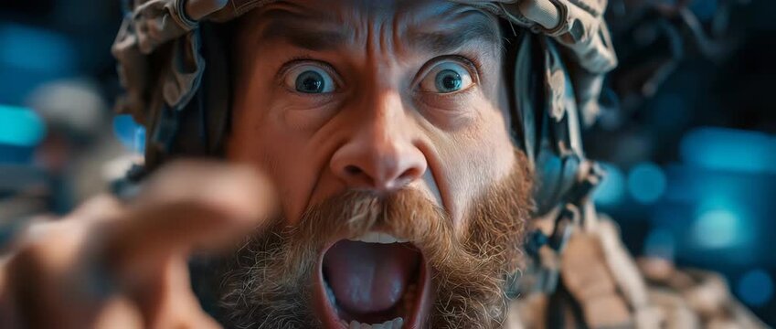 An army dispatcher wearing camouflage gasps in shock as he points to a screen that shows hostile activity.