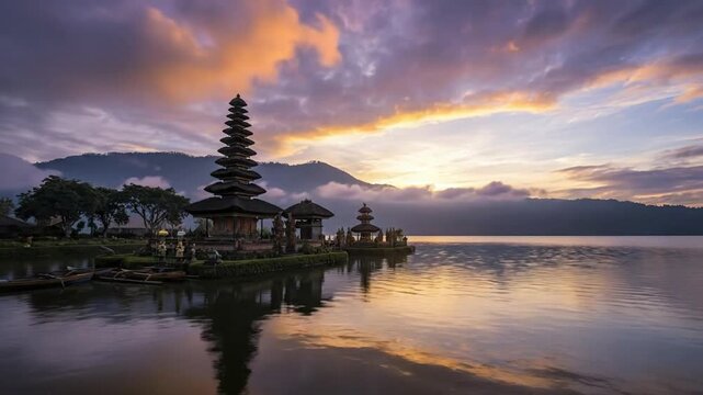 A breathtaking panoramic view showcases a majestic, traditional multi-tiered building, often referred to as a pagoda, gracefully standing on a tranquil lake. The intricate architectural structure, pos