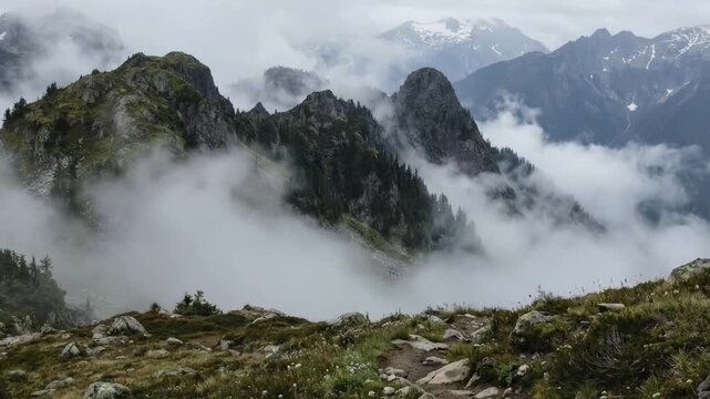 A breathtaking panoramic view showcases majestic mountain peaks dramatically enveloped in a swirling blanket of low-hanging clouds and mist. Rugged rock faces rise steeply, covered in lush green veget