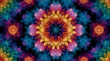 Colorful kaleidoscope pattern background, vibrant symmetrical geometric abstract design with bright multicolor shapes and seamless decorative texture