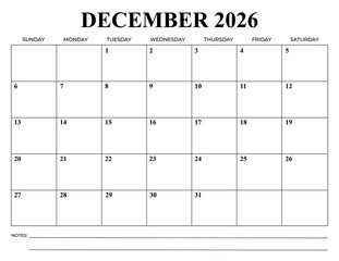 December 2026 Monthly Calendar – Minimal Printable Planner

Clean and minimal december 2026 monthly calendar template with Sunday start. Features spacious date boxes and a notes section at the bottom.