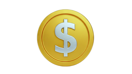 3D Golden coin with dollar sign on transparent background