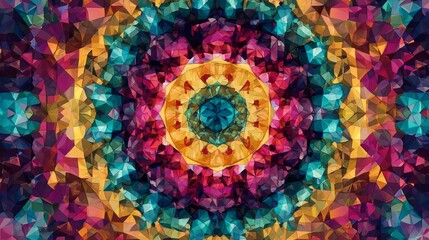 Colorful kaleidoscope pattern background, vibrant symmetrical geometric abstract design with bright multicolor shapes and seamless decorative texture