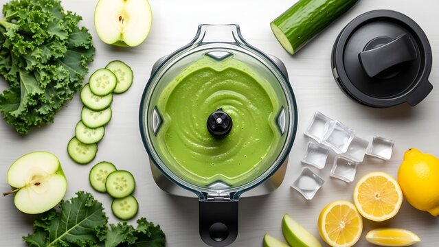 Fresh Green Smoothie Preparation with Fruits and Vegetables in Blender - Powered by Adobe