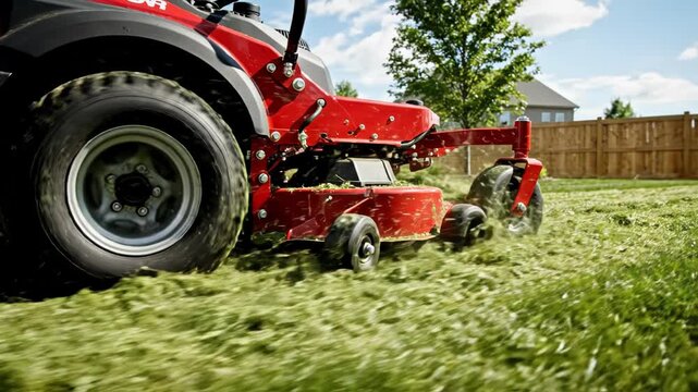 A red lawn mower cutting grass on a sunny day with a wooden fence in the background