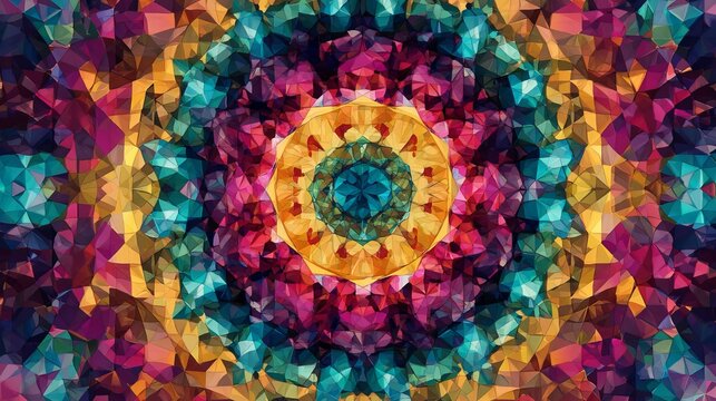 Colorful kaleidoscope pattern background, vibrant symmetrical geometric abstract design with bright multicolor shapes and seamless decorative texture - Powered by Adobe