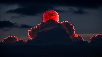 Dramatic crimson moon illuminates dark stormy clouds, creating an ominous night sky spectacle