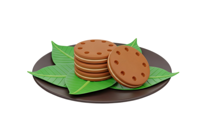 3D Sandwich cookies on a plate with green leaves on transparent background