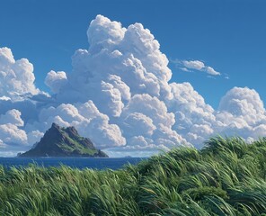 A soft-colored animation landscape filled with calm breezes and drifting clouds