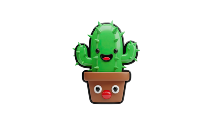 3D Cute cartoon cactus in a pot with a face on transparent background