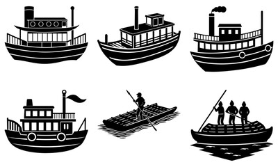Six Black and White Boat Silhouettes on White Background