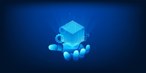 Artificial Intelligence and Blockchain Technology Concept, Robot Hand Holding Digital Data Block, AI Automation with Blockchain Network, Smart Contract, Decentralized System, Secure Digital Innovation