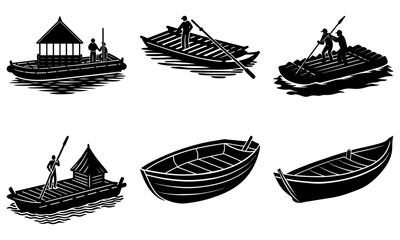 Black and white of people rowing boats with small huts on water
