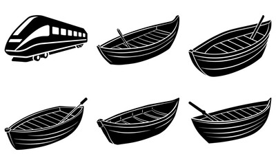 Set of black boats and train silhouette on white background