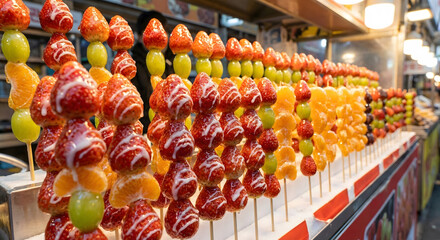 A colorful display of fresh fruit skewers with strawberries and grapes at a market stall