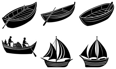 Black and white boat silhouettes with sails and rowers on white background watercraft