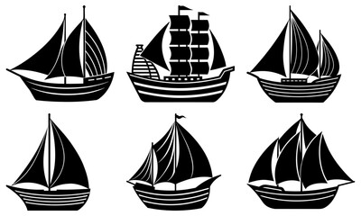 Six black and white sailboat silhouettes on transparent background sailing