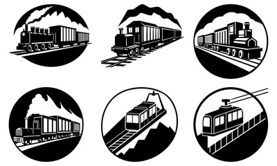 Six Black and White Train Silhouettes in Circular Frames on White Background locomotive steam engine