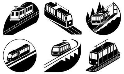 Monorail and Cable Car Silhouettes on White Background transportation train