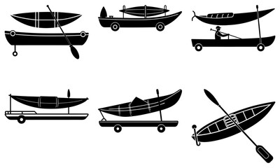 Six Black Canoe and Kayak Silhouettes on White Background boat