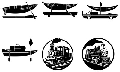 Vintage Transportation Silhouettes Including Canoes and Steam Locomotives boat train