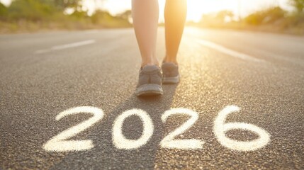 Runner's legs on asphalt road with the word "2026" written, symbolizing new year resolutions, goal-setting, and a healthy lifestyle, with a sunlit background.